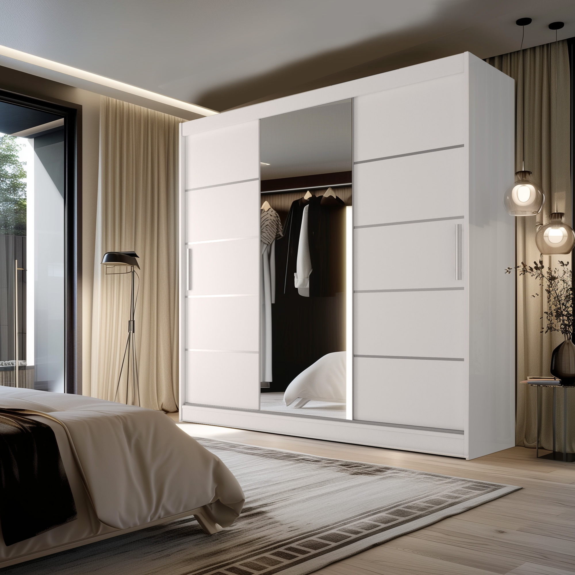 Weißer Schwebetürenschrank mit Spiegel im Schlafzimmer