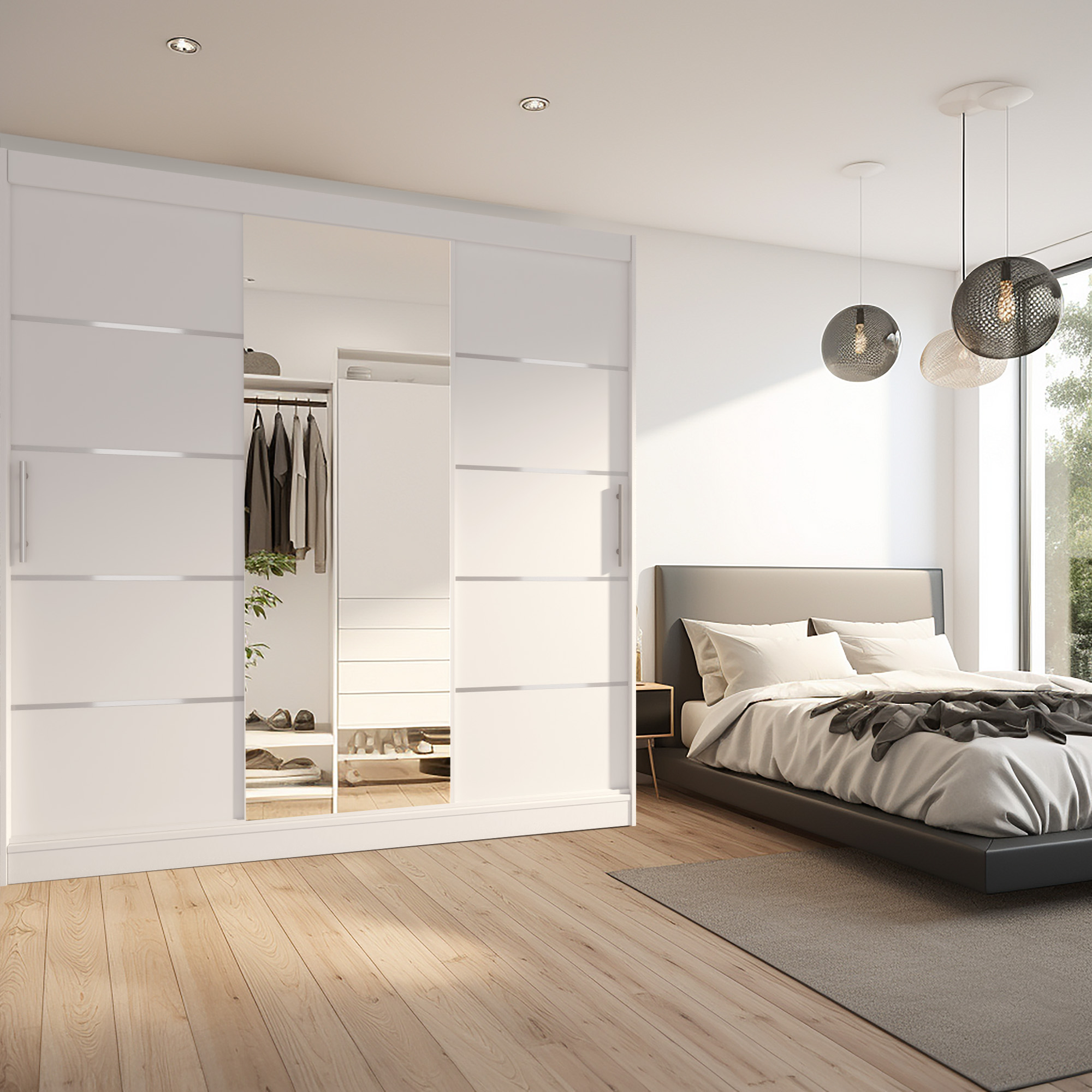 Helles Schlafzimmer mit weißem Schrank und Polsterbett