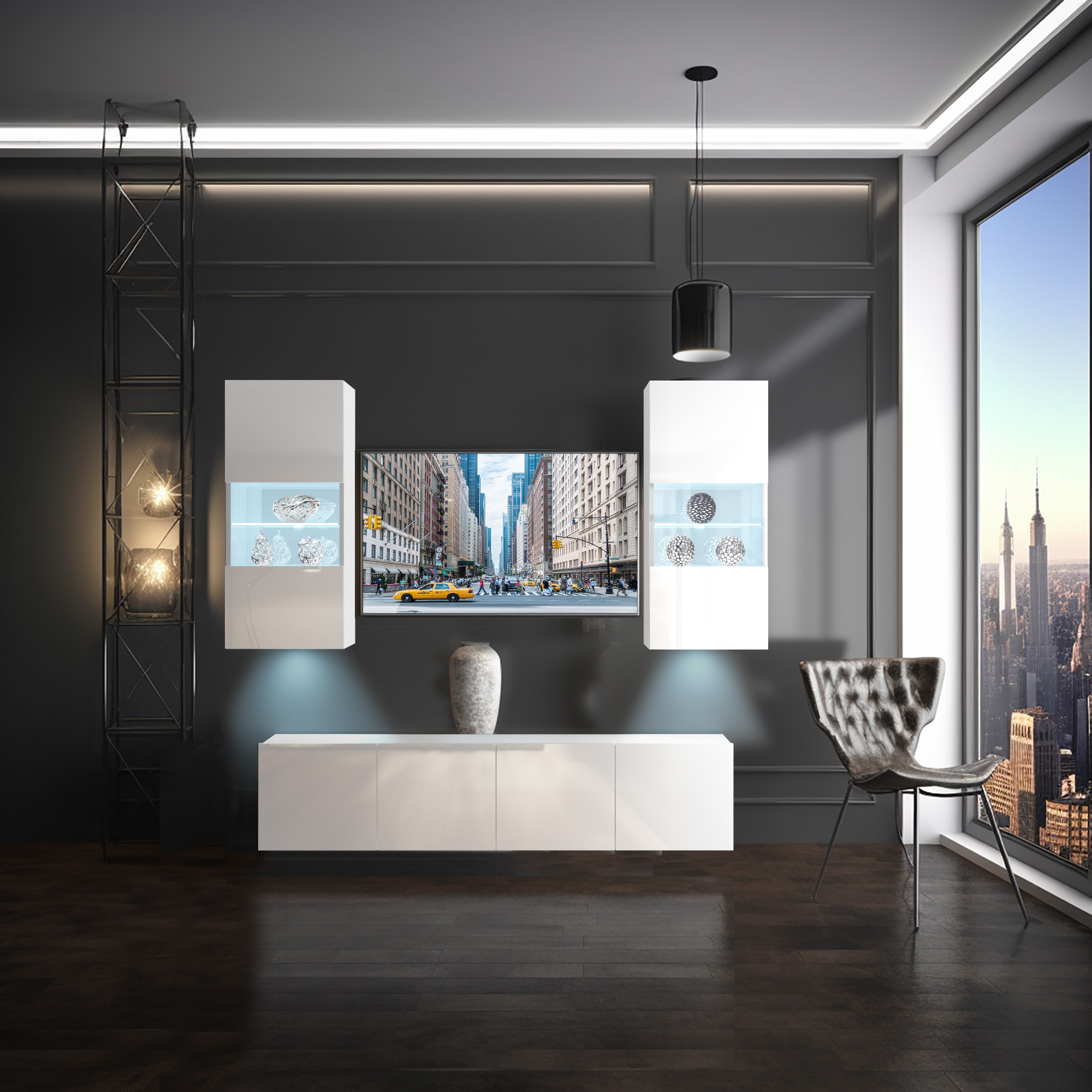 Helles und urbanes Wohnzimmer mit glänzender Medienwand