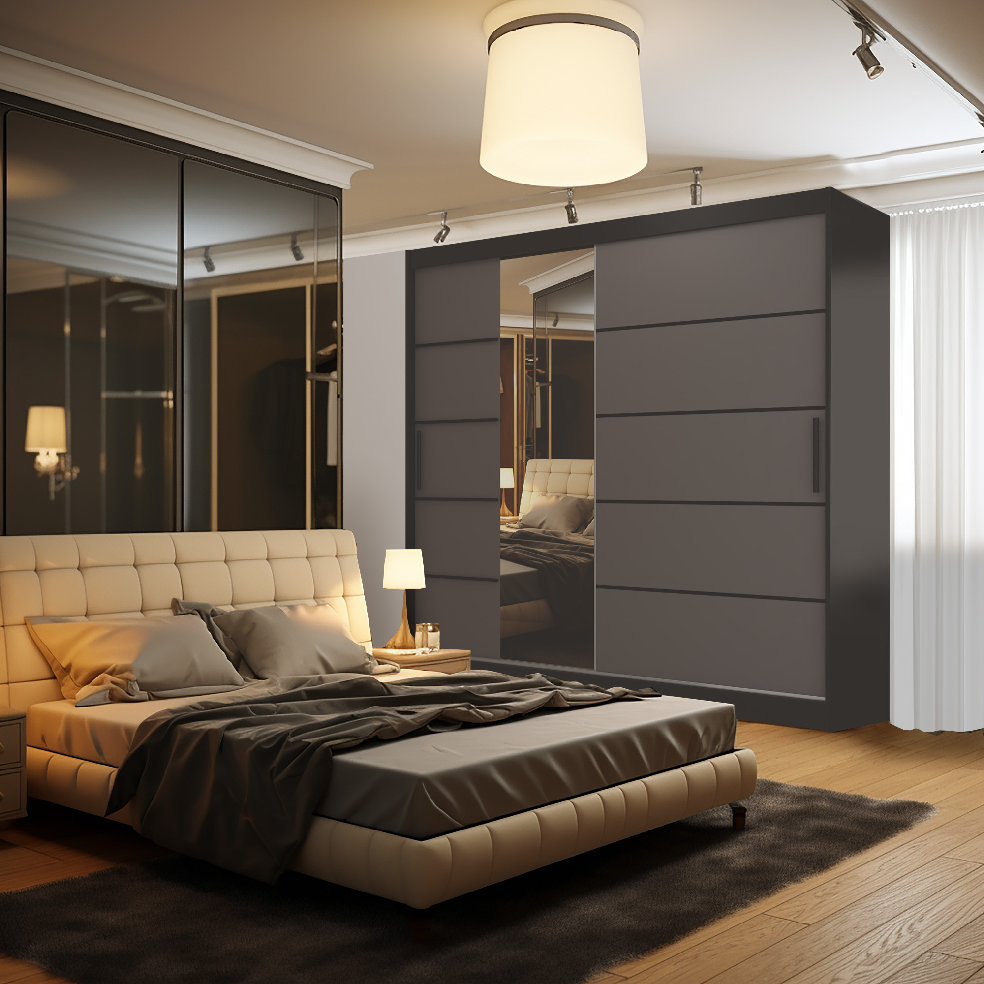 Schlafzimmer mit grauem Schrank und cremefarbenem Bett