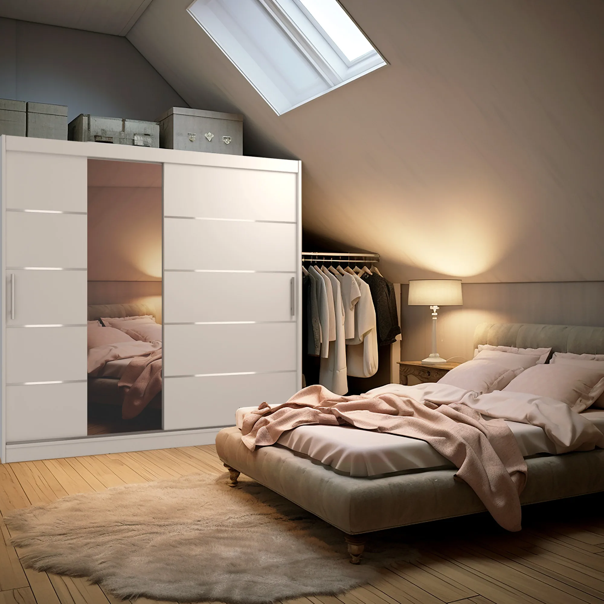 Dachschlafzimmer mit Schwebetürschrank und Polsterbett