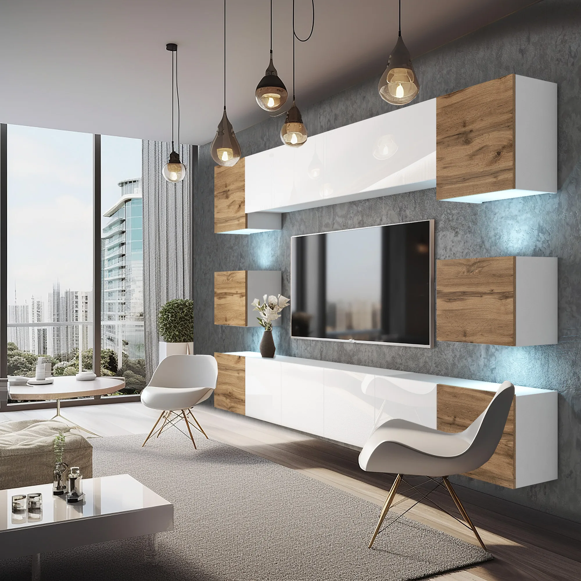 TV-Wand: Weißglanz und Eiche, Wohnzimmer mit Stadtblick