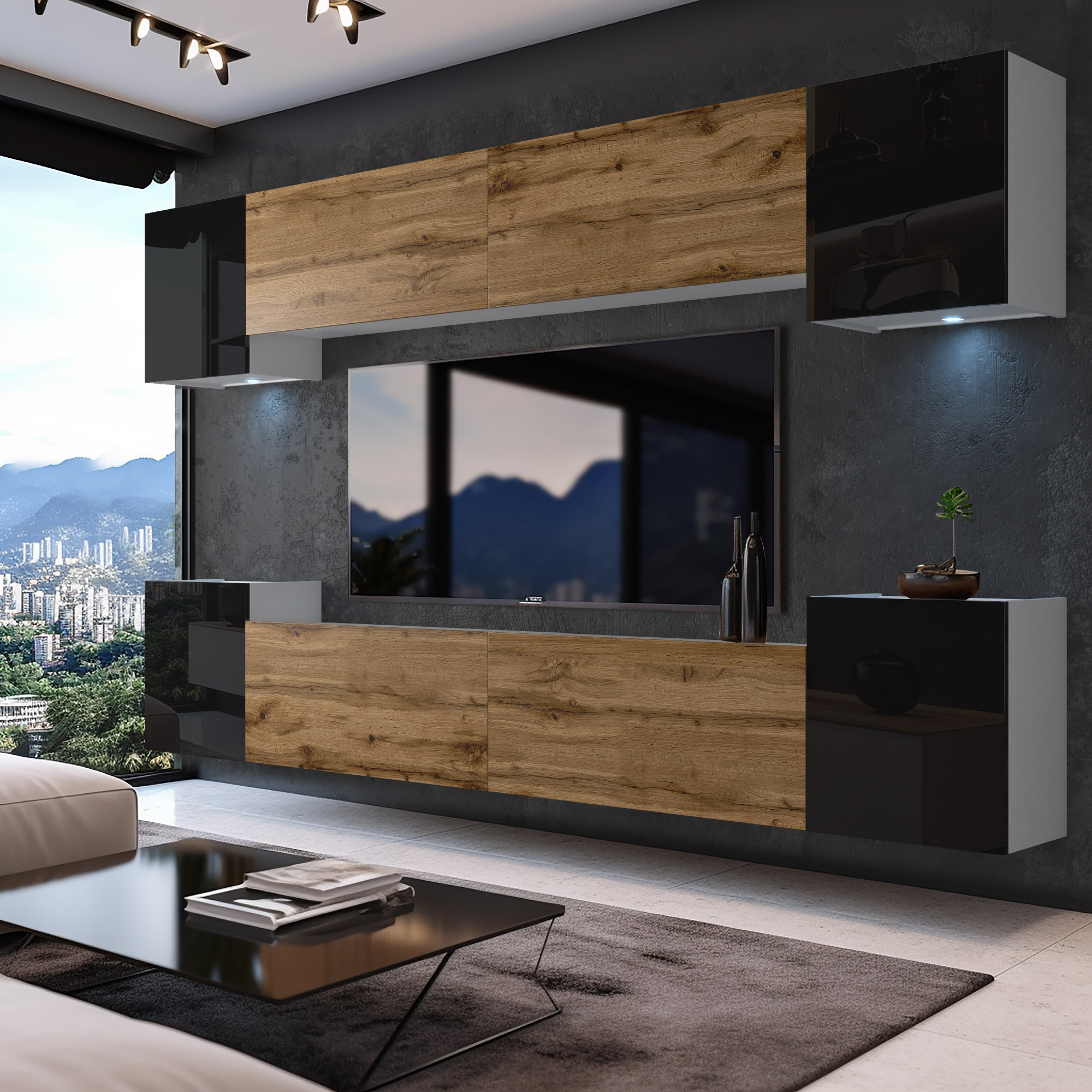 TV-Wand mit Holzfronten und schwarzem Hochglanz im Salon