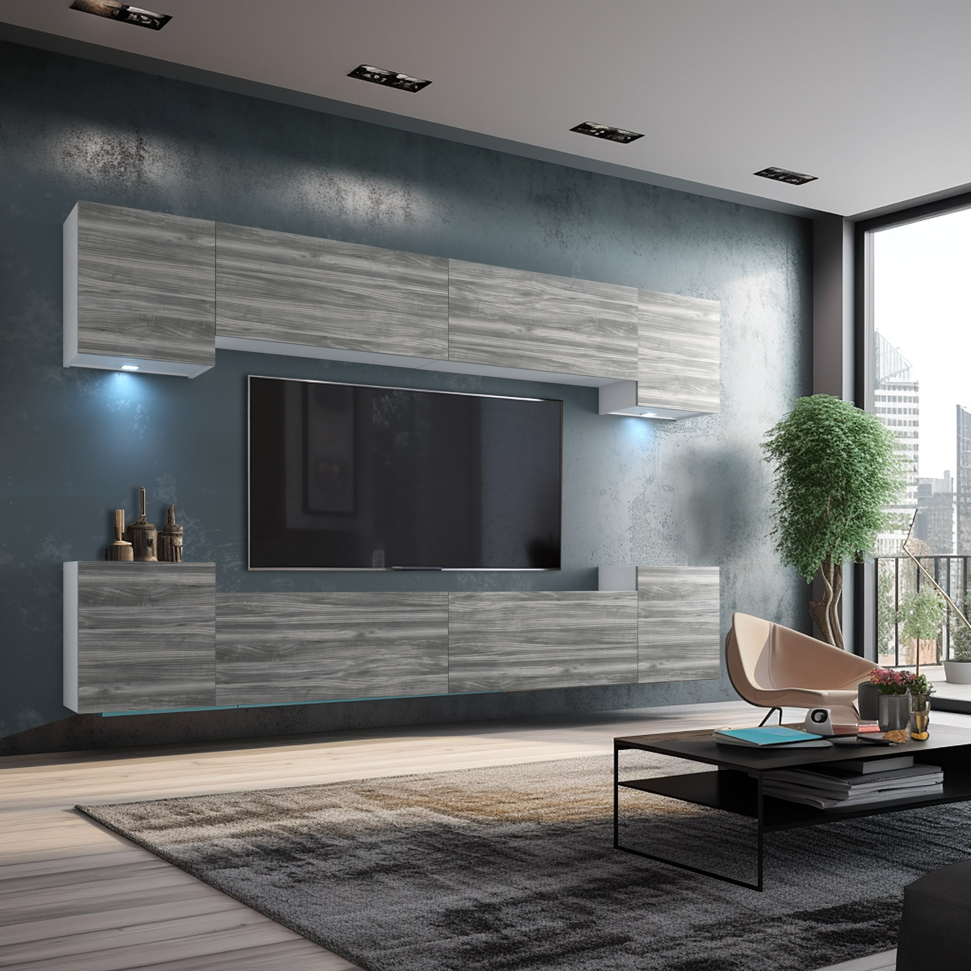 Graue Wohnwand mit TV, LED und Ausblick durch Fensterfront