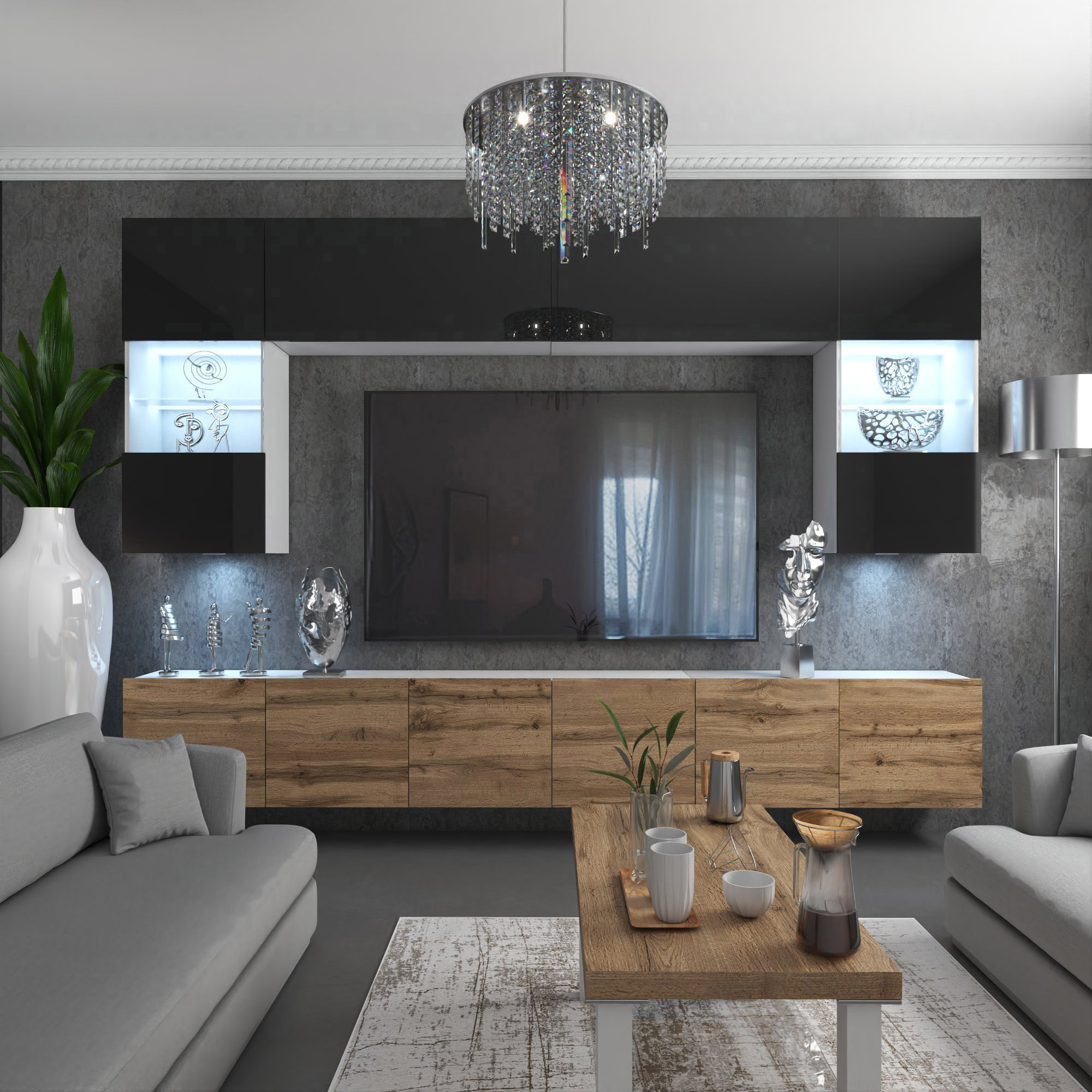 Kontrastreiches Wohnzimmer mit Hochglanz und Eiche