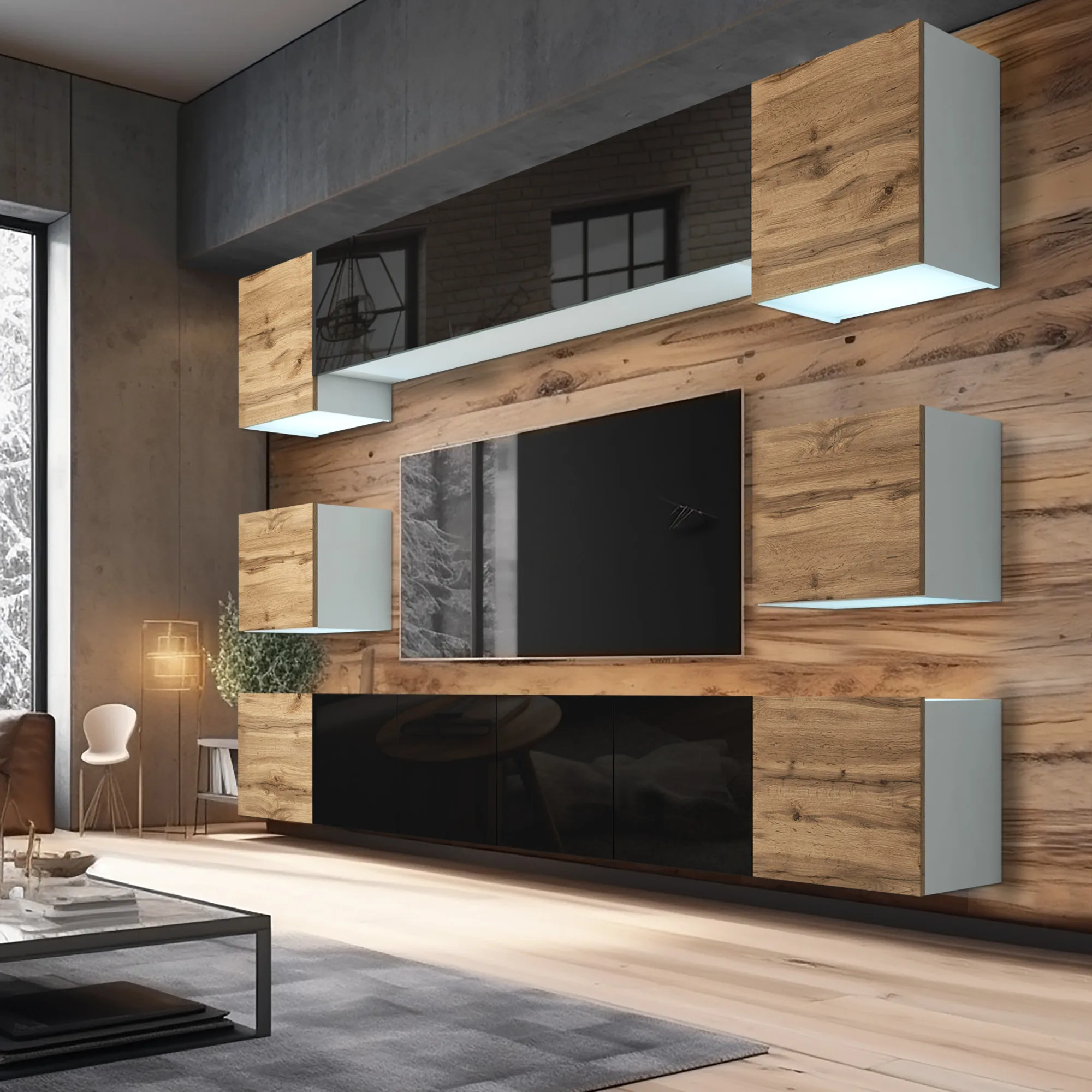 Schwarze Glasfronten, warme Eiche – TV-Wand mit Ausstrahlung