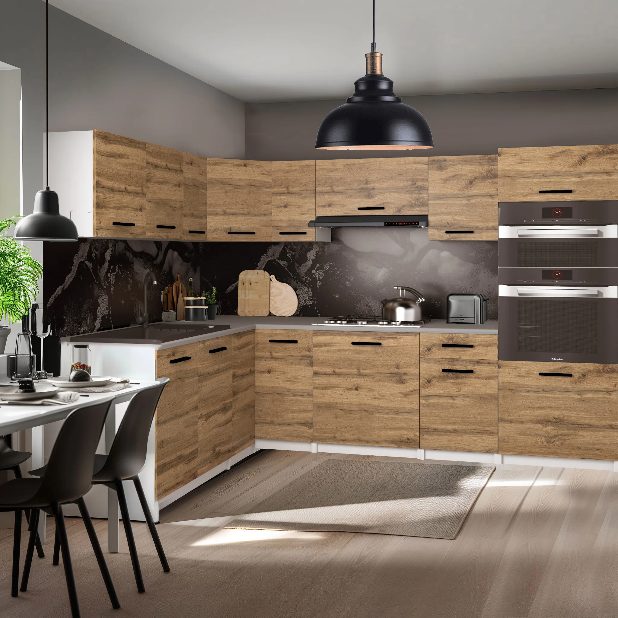 Küche in L-Form mit Eichenoptik und schwarzer Rückwand